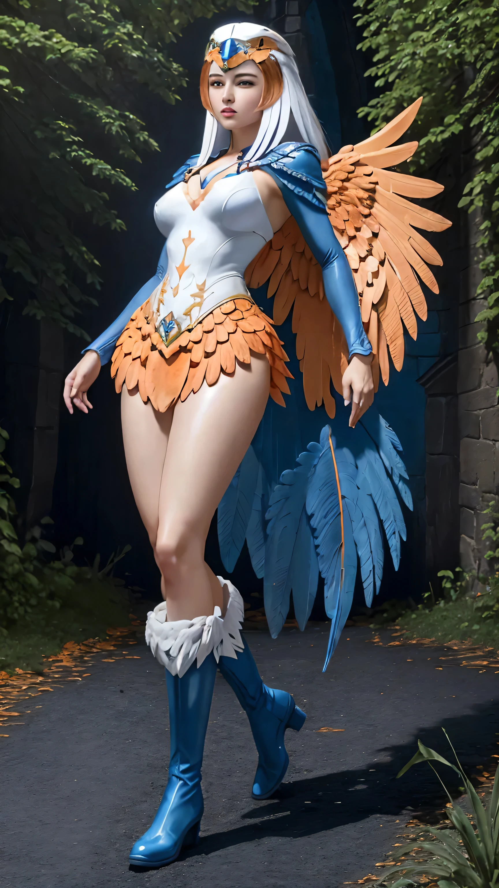 ((full body photo, standing, feet on the ground))((1girl)), full body, motu_sorceress, gorgeous woman, realistic, blue and white long sleeved v-neck bodysuit with feather detailing, slim, eagle headdress, (orange and blue feather cloak:1.2), blue boots with white fur trim, (extremely detailed 8k wallpaper), masterpiece, best quality, ((intricate detail)), absurdres, ((perfect face)), ((perfect hands:1.3)), (soft smile:1.3), dynamic angle, dynamic pose, ((fantasy castle setting:1.2)), outdoors,