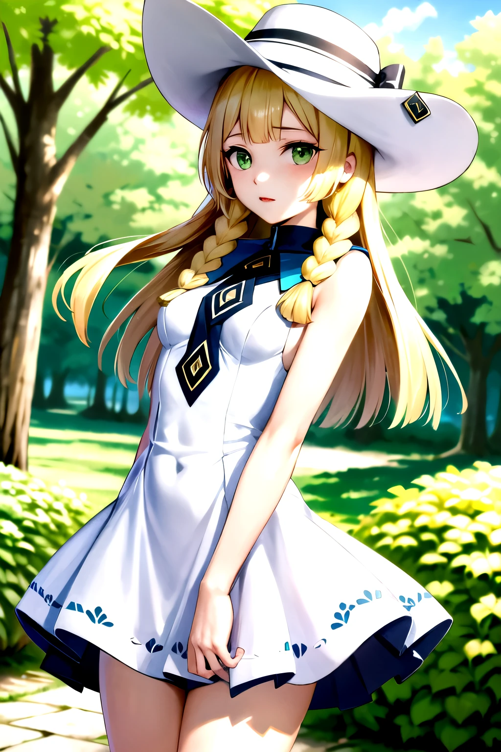 lily pokemon, lily pokemon, by rubio, blunt bangs, (green eyes:1.5), by the wide, (small breasts:1.2),
BREAK braid, collared dress, dress, has, sleeveless, sleeveless dress, sun has, sundress, twin braids, white dress, white hats,
REST looking at the viewer, Upper part of the body, Whole body, (cowboy shot:1.5),
rest outdoors, nature, sky,
BREAK (masterpiece:1.2), Best Quality, High resolution, unity wallpaper 8k, (illustration:0.8), (beautiful detailed eyes:1.6), extremely detailed face, perfect lighting, Extremely detailed CG, (perfect hands, perfect anatomy),