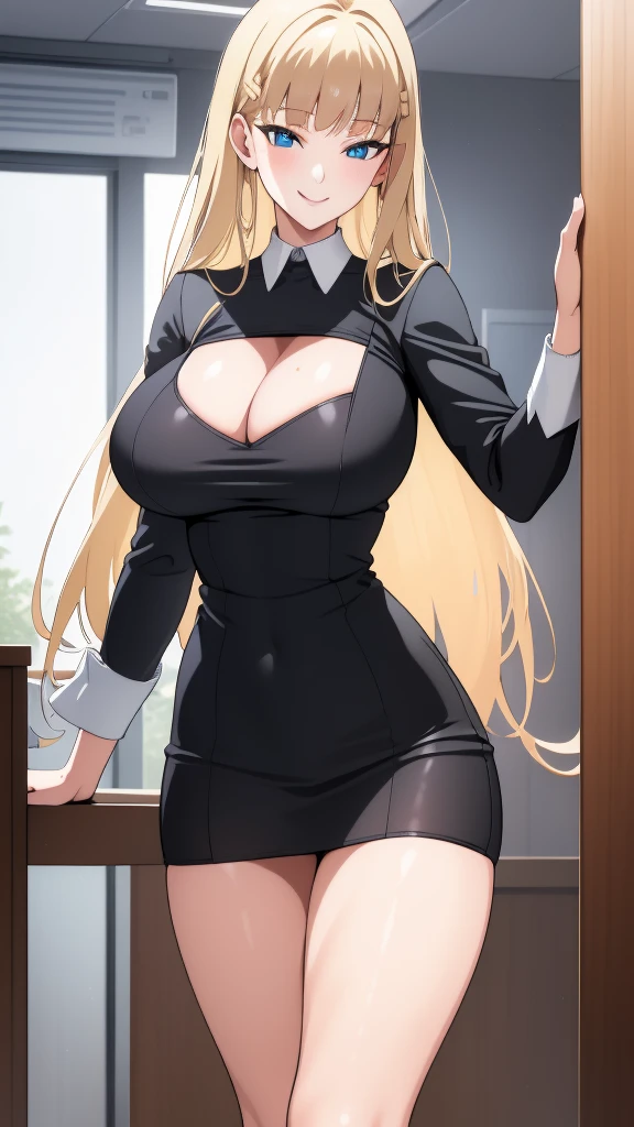 (Best Quality:1.5, High resolution, HD, 4k, detailed lighting, Shaders, perfect hand anatomy), straight blonde hair, busty, nurse costume, neckline, thighs, smiling, to throw, shooting they seek, standing, Hospital history