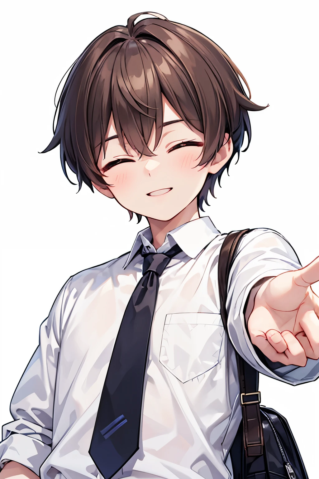 Tall, cool high school boy, white long shirt, tie, handsome boy, brown mash hair, two-block haircut, slanted eyes, transparent background, smiling, eyes closed, perspective from below, mouth open