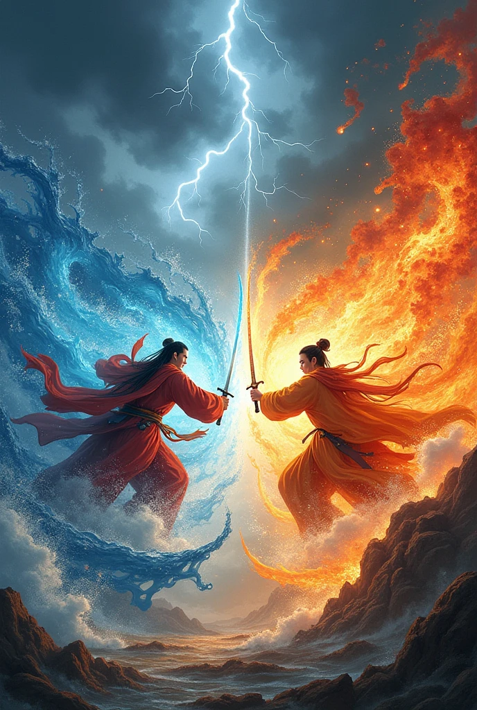A detailed scene of an epic battle between two sword-wielding cultivators in the sky. One cultivator commands the power of water, surrounded by swirling waves and torrents of water that cascade from his blade. The other wields the power of fire, enveloped in flames that burn brightly, with fiery tendrils arcing from his sword. The sky is dark and stormy, with lightning flashing in the background, illuminating the intense clash. The water and fire elements collide in the center, creating a dramatic contrast of blue and red, with sparks and steam rising from their meeting point. The cultivators are dressed in traditional, flowing robes, their expressions fierce and determined as they engage in this climactic duel.