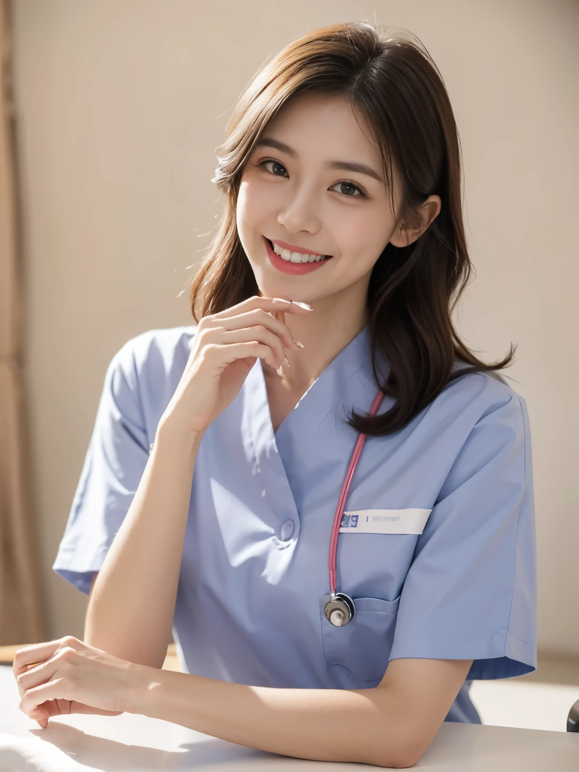 (highest quality、table top、8K、best image quality、Award-winning work)、1 nurse、(solo:1.2)、((grin)),(The perfect and most natural nurse&#39;s pure white lab coat:1.1)、(Perfect and most natural white plain nurse cap:1.1)、The most natural and perfectly organized hospital room、A perfectly organized hospital room、The most natural and practical hospital room、blurred background、big breasts、emphasize body line、(standing elegantly:1.1)、(close up of face:1.1)、Staring at me with fascination、accurate anatomy、(Beautiful skin shining in the sunset:1.1)、(A vivid and romantic sunset shining through the window:1.3)、(A fantastic and romantic sunset:1.2)、(epic movie lighting:1.1)、(romantic evening hospital room:1.1)、Super high-definition glossy skin、Super high-definition sparkling eyes、Super high definition beautiful hair、Super high definition beautiful teeth