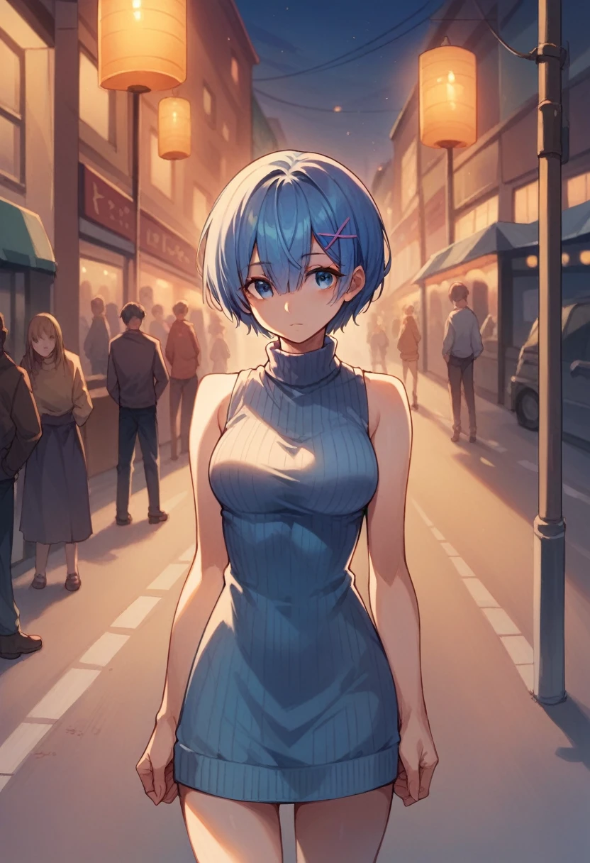 masterpiece, Best Quality, High resolution, rem, short hair, hair between the eyes, sweater dress, turtleneck, sleeveless, evening, Street, cowboy shot, blue hair, blue eyes