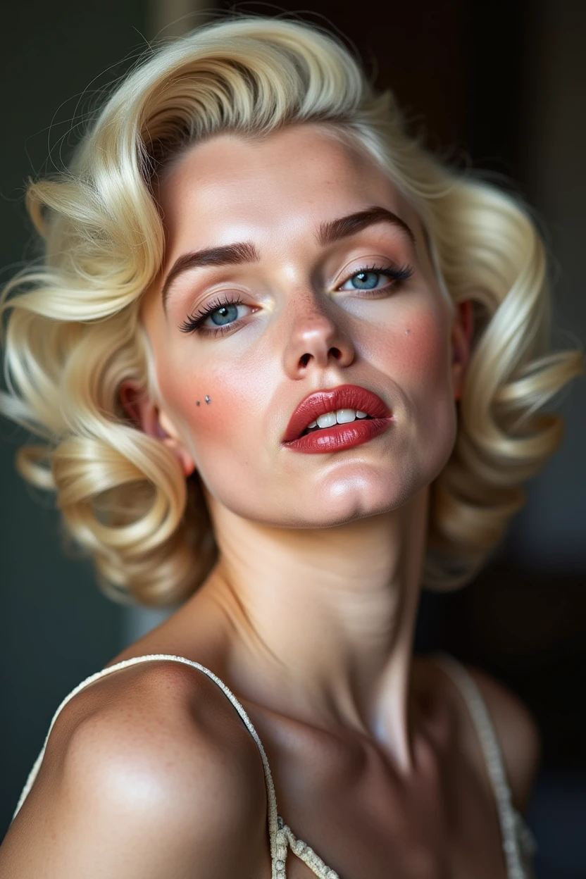 Marilyn Monroe is a woman with blonde hair blue eyes and mole on cheek