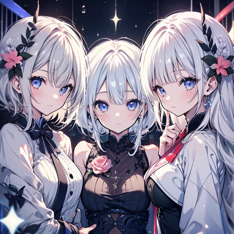 3 girls、A good friend、Idol Group、Three Sisters、Mature、Ample breasts、White Hair、黒いドレvinegar、Alluring、Shoulder Bare、ミニvinegarカ、vinegar、Night view、vinegarポットライト、looking at the camera、cool、Hold shoulders、Huddle together、バvinegarトアップ視点、High resolution、Highest quality