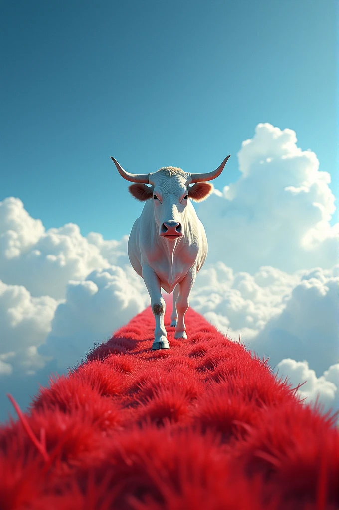 A cow walking in the sky on a beautiful red carpet