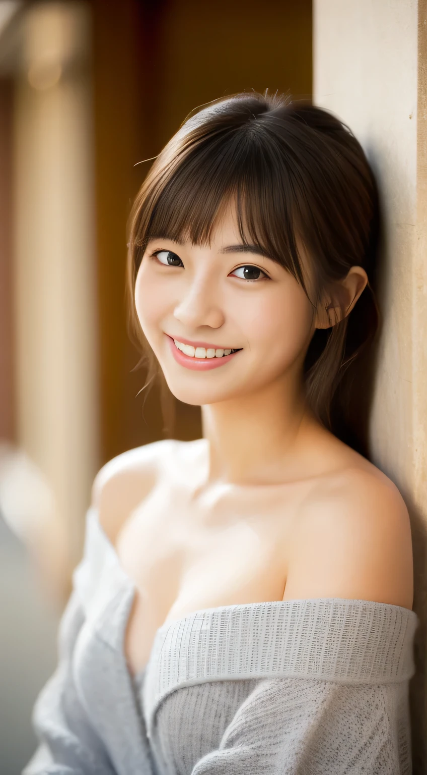 masterpiece,best quality,(Japanese girl),((Beautiful girl)),cleavage,(off shoulder:1.2),(perfect body beauty:1.2),(shy smile)