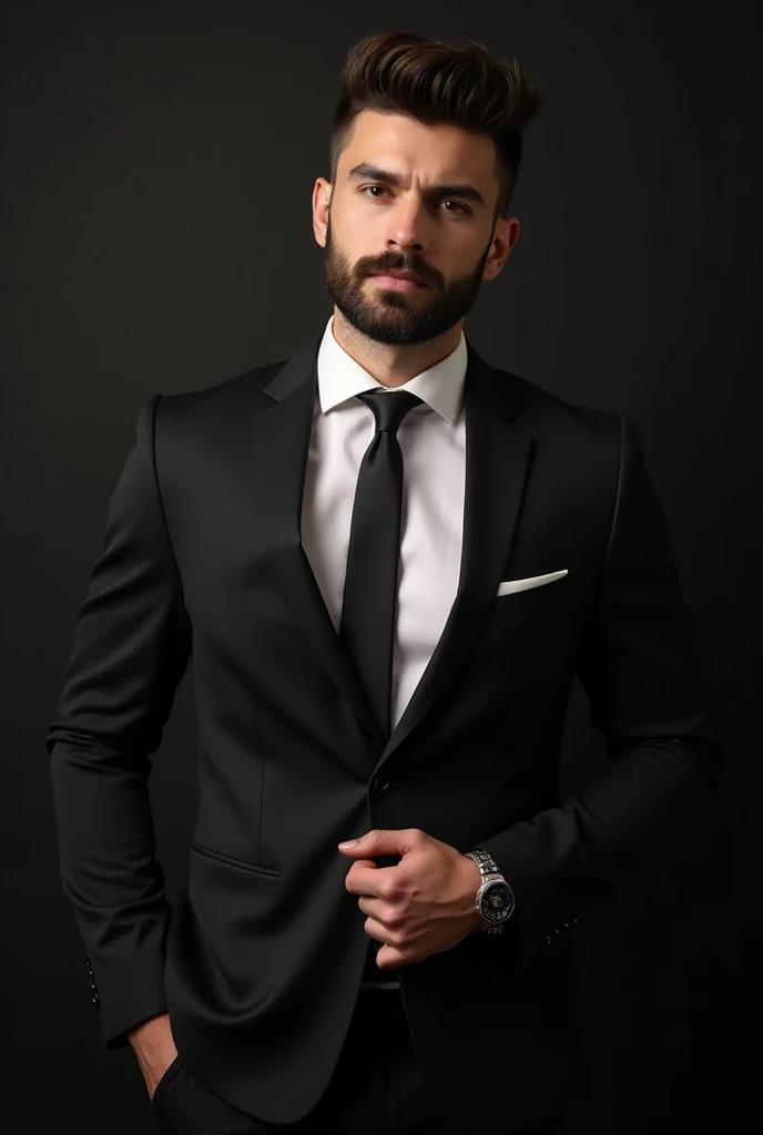 Up、Make a handsome man in his 30s toyally naked showing his penis, vd, brown hair and beard, (Man in black suit and tie), ), (Use a beard,) Attractive and serious look, short dark hair, Stylish and elegant, Suit-fit shave and strong body, (hightquality, Realistic images), Dark black and light on image background, Film Style, ((top-quality, 8K, ​masterpiece), ultra hi definition photo, (beautiful faces detailed, detail skin texture, hyperdetailed body:1.1)