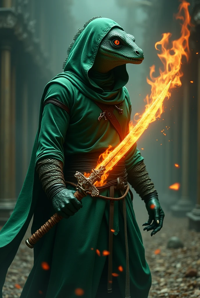Ninja in green clothes , showing the reptilian face , with sword of fire 
