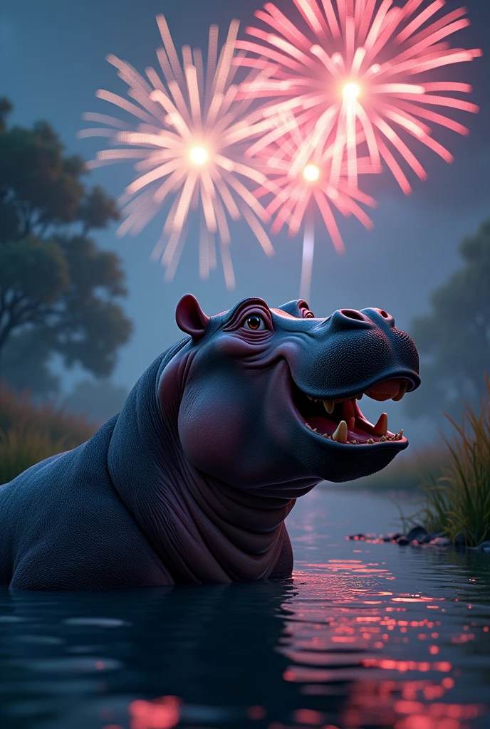 hippo watching fireworks