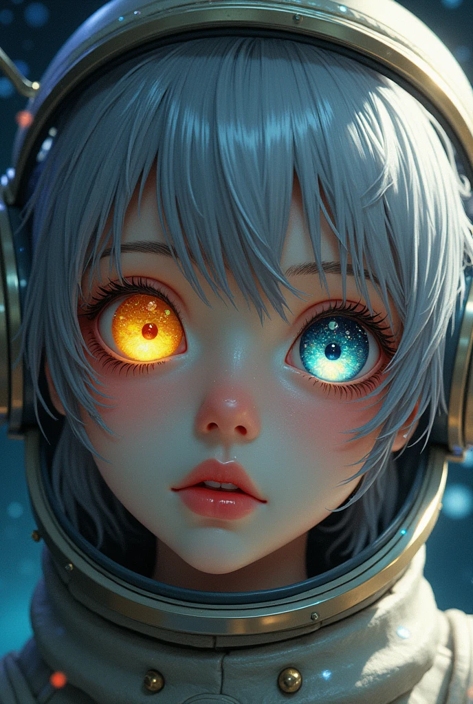 (Close-up of a better masterpiece:1.5)0.9], (Space and astronauts:1.2) (Messy silver hair:1.1) (Heterochromia xanthochromia and blue eyes:1.2) (Space Helmet:1.0) (Colored stars in the eyes:1.0) (A radiant glow:1.1) (thick lips:0.9)