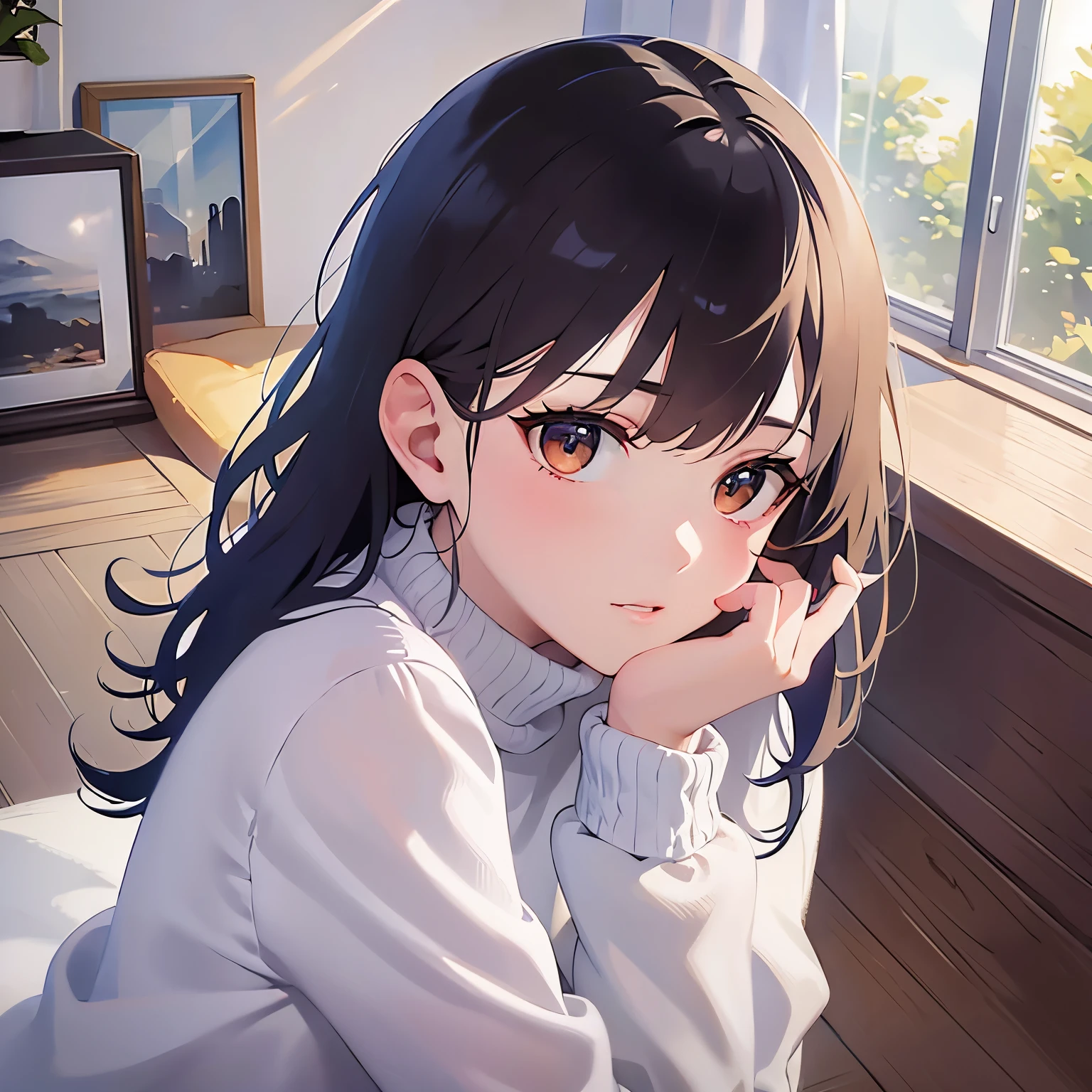 (looking away:1.5)Upper Body, Side shot、
 Realistic, real person, (pale skin: 1.2), RAW photo, photorealistic, shiny skin, shiny hair、
(A 25-year-old woman with medium-length hair and bangs) and (wavy hair) and (brown hair) and (orange eyes),
 (White turtleneck long sleeve:1.5)
shy.The background is the living room at night,Sitting