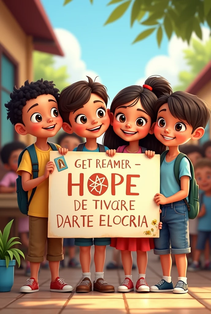Smiling children at school holding a sign that says "many faces and one hope" in Spanish. One of the children with the Virgin of Luján and a holy card of Saint Jerome