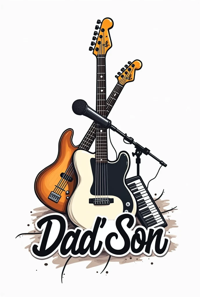 Logo written Dad'Son with drawing of guitar bass acoustic guitar microphone and keyboard
