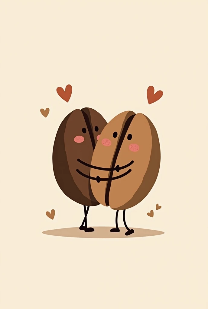 2 coffee beans hugging each other for an animated coffee shop logo 