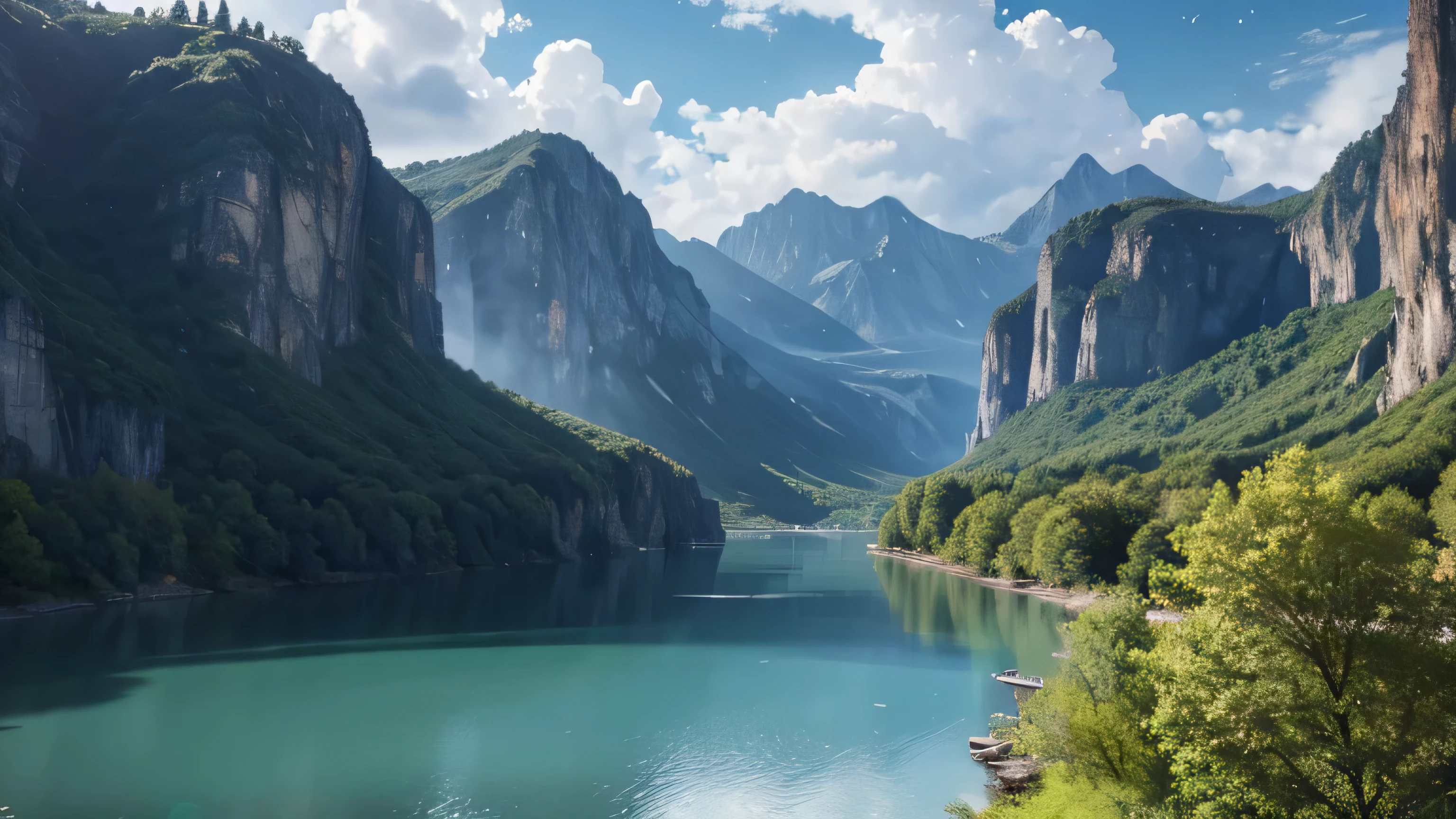 masterpiece, best quality, high quality, Extremely detailed CG unity 8k wallpaper, landscape, outdoor, Sky, cloud, Sky, No humans, Mountain, landscape, water, Tree, blue Sky, waterfall, cliff, nature, lake, river , cloudy skies, Award-winning photography, Bokeh, Depth of Field, HDR, bloom, Chromatic Aberration, Photorealism, Very detailed, Popular on artstation, Popular on CGsociety, complex, High Detail, dramatic, Art on the go