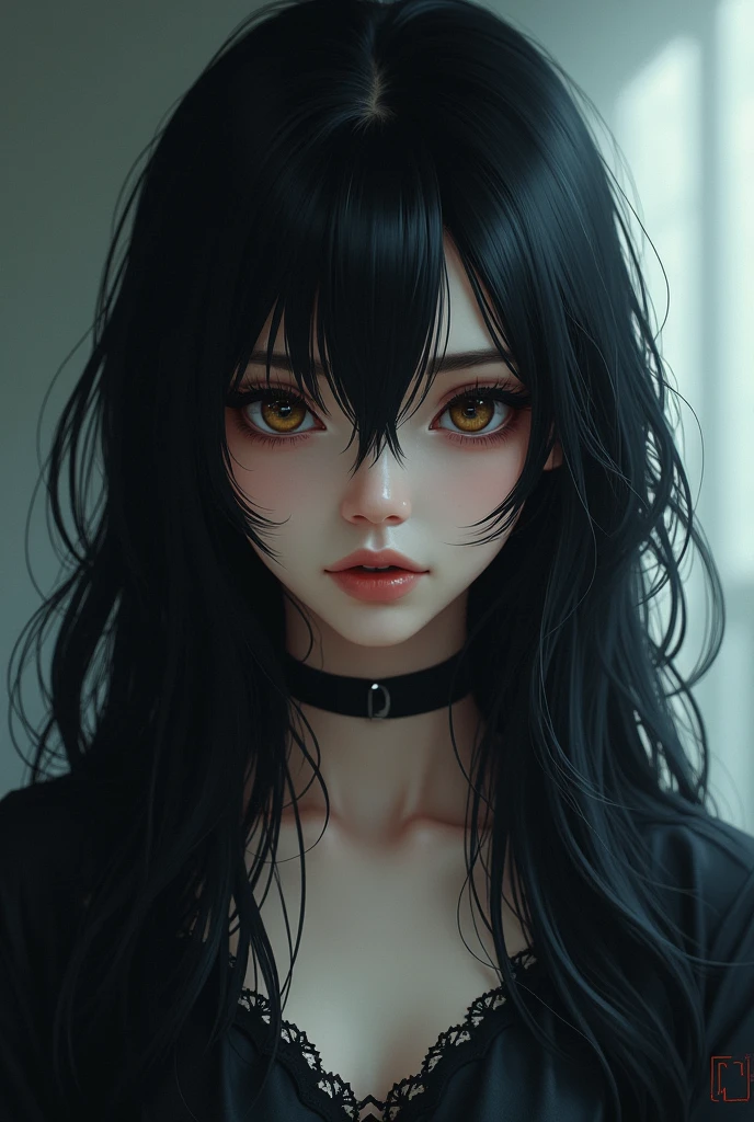 Long-haired black-haired girl with white skin, He is , Her eyes are hazel-colored, His face has soft features, his expression is serious, She has a good girl look but she could actually kill you, People perceive her as attractive and pretty. digital video game illustration. 