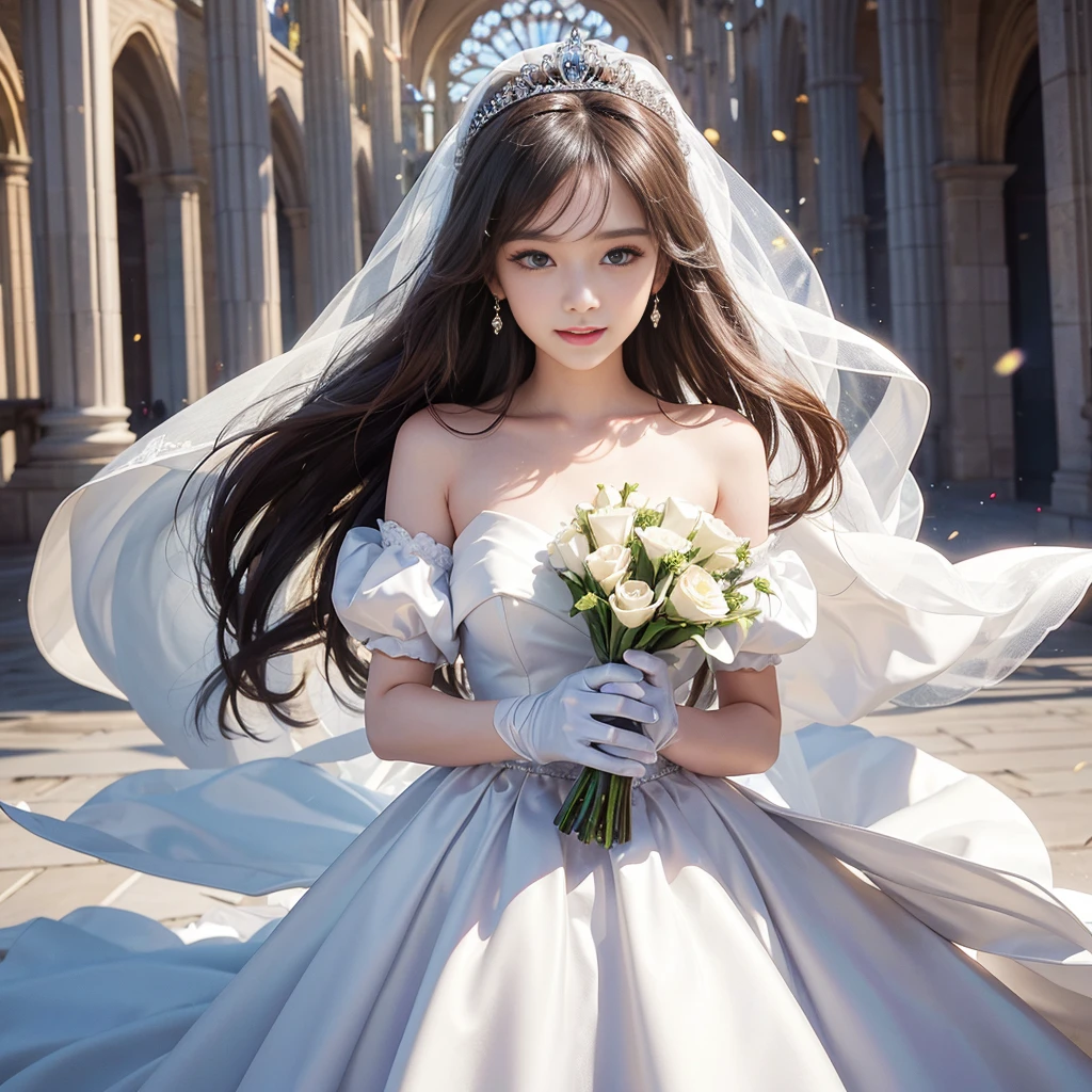 best quality, masterpiece, 1 girl, long hair, A huge laugh, cute teen, shiny lips, sweet, sun glare, Conservative attire, white gloves, bouquet, wedding dress, Bridal Tiara, depth of field, blurred background, Cathedral Background, light particles, strong wind, head tilt