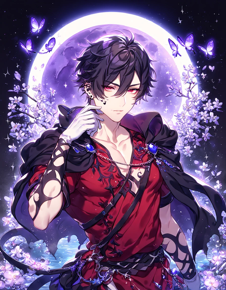 absurdres, highres, ultra detailed, HDR, master piece, best quality, Dantalion, black hair, hair carefully parted towards the right side in a messy fashion, expressive red eyes, Makai Ouji Devils and Realist, demon, solo, sexy man, handsome, sensual, horny, manly man, white black and red tunic, tattered black cape, black piercings, white gloves, fantasy, magical, shining, purple flowers, blossoms, water, purple petals, purple butterflies, sparkling, purple moon, starry sky