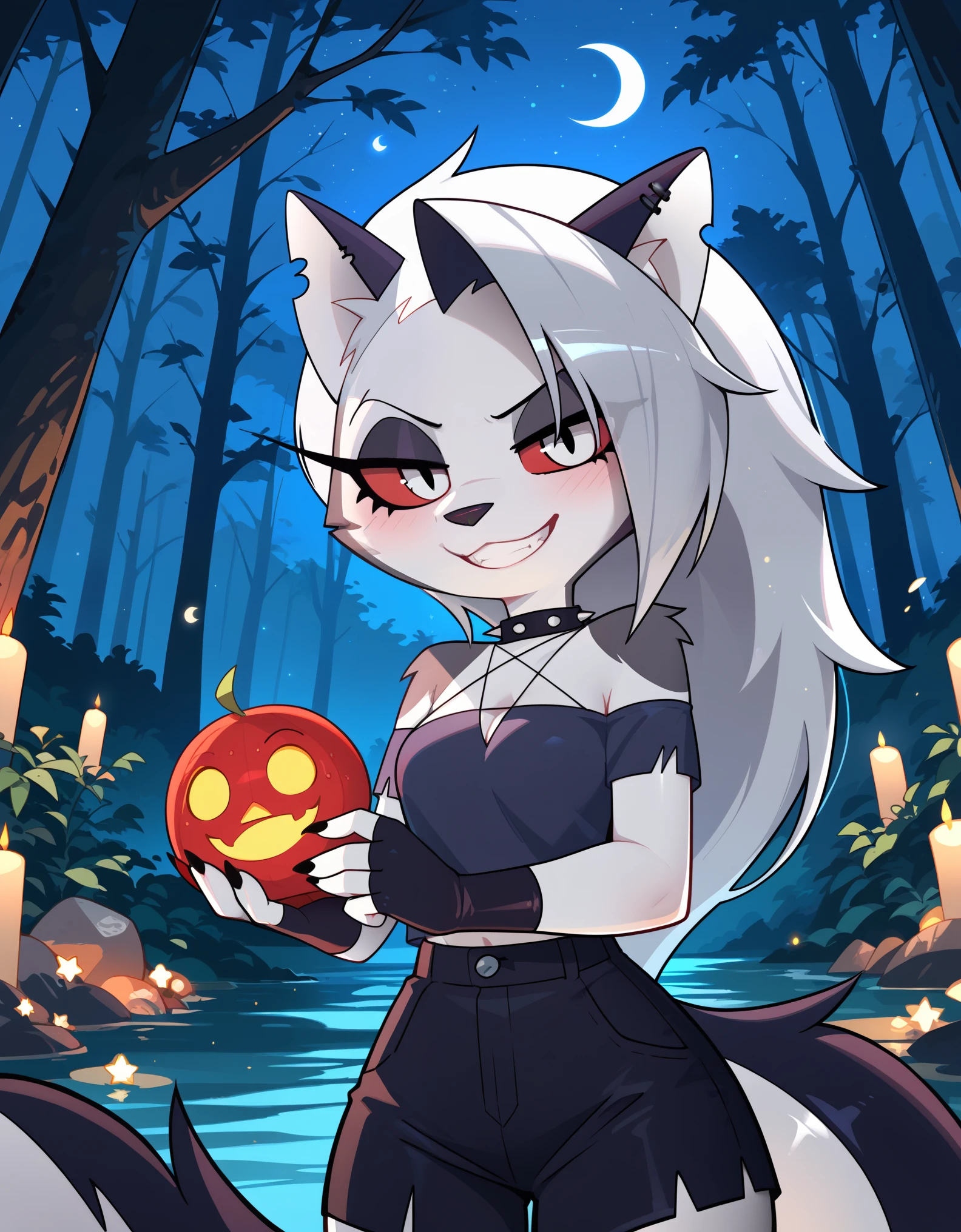 score_9_up, score_8_up, score_7_up,  rating_safe, furry, anthro, solo, loona(jizokumode), hellhound, red sclera, loona (helluva boss), tanktop, fingerless gloves, excited, blep, forest, night, stars, crescent moon, solo, forced smile, 4 fingers, inverted pentagram,