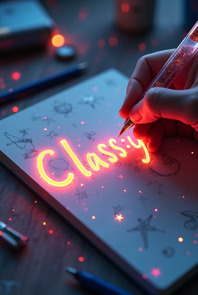 (((A mesmerizing, hyper-realistic 16K 3D illustration captures a magical moment of pure creativity. A talented artist is masterfully sketching a heartfelt message, "CLASS:y", in a notebook.))) The text is composed of vibrant, color sepia stars that smoothly transition through the entire spectrum. The artist's hand, holding a transparent pen filled with radiant stars, is detailed exquisitely, symbolizing boundless creativity and imagination. The background is a three-dimensional sketchbook setting with scattered throughout, adding depth and dimension to this captivating, graffiti-inspired scene. The illustration radiates energy, movement, and vibrant colors, making it a true work of art that celebrates creativity and imagination., gra, cinematic, vibrant, graffiti, painting, typography, product, illustration, photo, 3d render, fashion, dark fantasy