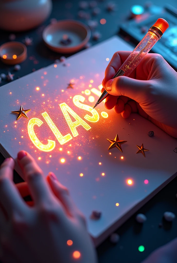 (((A mesmerizing, hyper-realistic 16K 3D illustration captures a magical moment of pure creativity. A talented artist is masterfully sketching a heartfelt message, "CLASS:y", in a notebook.))) The text is composed of vibrant, color sepia stars that smoothly transition through the entire spectrum. The artist's hand, holding a transparent pen filled with radiant stars, is detailed exquisitely, symbolizing boundless creativity and imagination. The background is a three-dimensional sketchbook setting with scattered throughout, adding depth and dimension to this captivating, graffiti-inspired scene. The illustration radiates energy, movement, and vibrant colors, making it a true work of art that celebrates creativity and imagination., gra, cinematic, vibrant, graffiti, painting, typography, product, illustration, photo, 3d render, fashion, dark fantasy