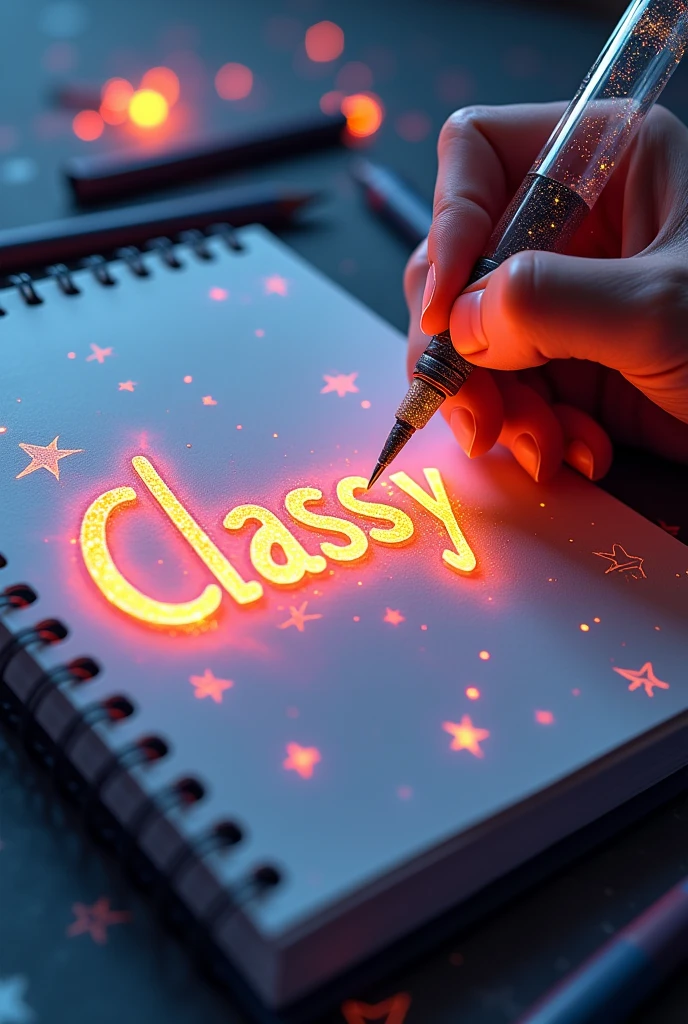 (((A mesmerizing, hyper-realistic 16K 3D illustration captures a magical moment of pure creativity. A talented artist is masterfully sketching a heartfelt message, "CLASS:y", in a notebook.))) The text is composed of vibrant, color sepia stars that smoothly transition through the entire spectrum. The artist's hand, holding a transparent pen filled with radiant stars, is detailed exquisitely, symbolizing boundless creativity and imagination. The background is a three-dimensional sketchbook setting with scattered throughout, adding depth and dimension to this captivating, graffiti-inspired scene. The illustration radiates energy, movement, and vibrant colors, making it a true work of art that celebrates creativity and imagination., gra, cinematic, vibrant, graffiti, painting, typography, product, illustration, photo, 3d render, fashion, dark fantasy