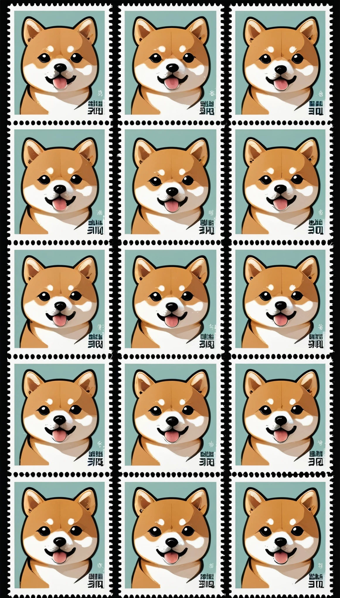 (masterpiece:1.2, Highest quality,Highest quality,Very detailedな:1.2),(Very detailed),(Best illustrations),8k,(Mr.々Stamps featuring small Shiba Inu characters with cute expressions are arranged in a square.,Deformation,Very simple design,Rilakkuma style,Vector Flat,Vector art)