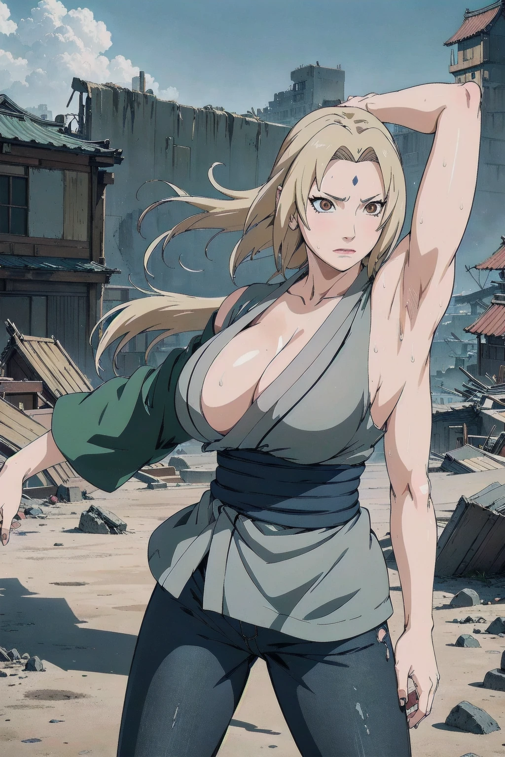 (masterpiece, highest quality:1.2), alone, One Girl, Tsunade Defense, Forehead mark, View your audience、((Battle Scenes、Fighting Pose、Sweat、Rocky area、wood、Clear sky、Ruined City、Spectators、Navy blue pants、Green haori、No sleeve、Torn clothes、Large areola、chest))、Beautiful girl with beautiful details, Professional photography illumination, Highly detailed eyes and face, Beautiful eyes in every detail、Beautiful detailed hair, Beautiful and exquisite cold face、アニメ、((No sleeve、Armpit))