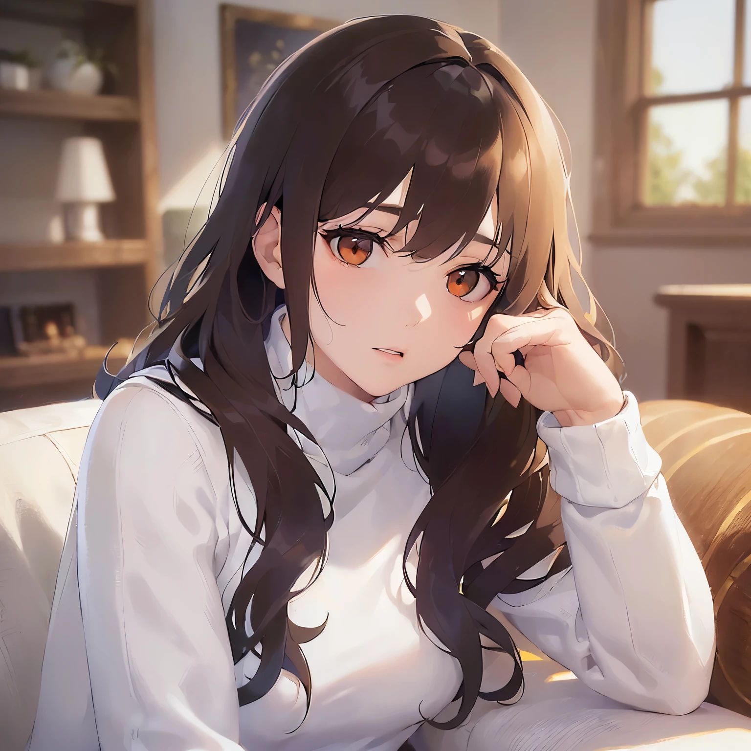 (looking away:1.5),cheek rest、
Realistic, real person, (pale skin: 1.2), RAW photo, photorealistic, shiny skin, shiny hair、 (A 35-year-old woman with medium-length hair and bangs) and (wavy hair) and (brown hair) and (Orange Eyes)、 (white) and (off shoulder blouse)、
pout ,The background is the living room、