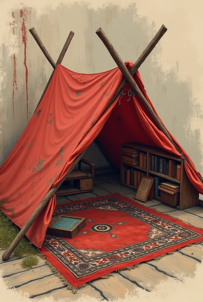 generate a drawn artwork of a tent with wooden pegs holding a dirty red cotton cloth with a hole in the corner, two old rooms against a musty wall with books and board games in those rooms, and a Persian rug on the tent floor