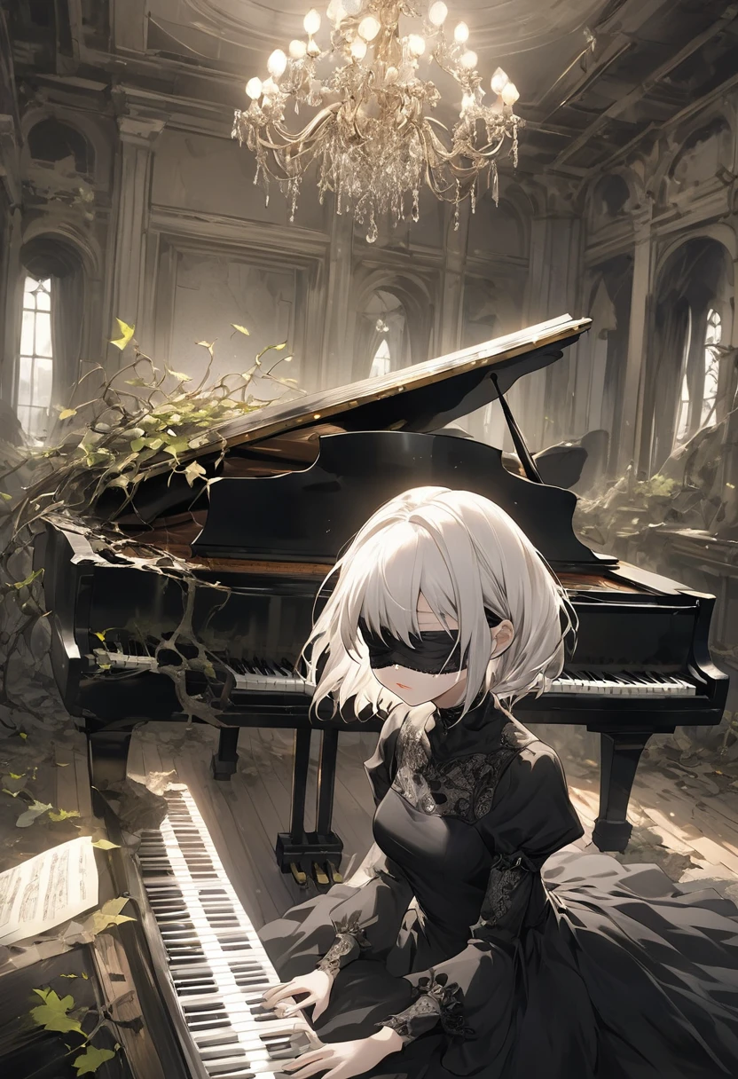 Create an image of 2B from NieR: Automata, seated gracefully at a grand piano. She is wearing her signature black dress with intricate lace detailing and thigh-high boots. Her white hair, slightly tousled, frames her face as she gazes intently at the piano keys, her blindfold pushed up to reveal her striking eyes, which convey a sense of calm and focus. The setting is a grand, dimly lit room with soft ambient light filtering through tall, arched windows, casting long shadows across the polished wooden floor. The piano is a sleek, glossy black, reflecting the room’s elegant features. 2B’s delicate fingers dance over the keys, her serene expression highlighting her high cheekbones and soft lips. The sheet music in front of her is slightly ruffled, hinting at a piece she’s deeply immersed in. Around the room, there are faint remnants of nature reclaiming the space, with small vines creeping along the window sills and a few fallen leaves scattered on the floor. In the background, a large, ornate chandelier hangs from the ceiling, adding a touch of sophistication to the scene. The color palette is a mix of soft grays, blacks, and whites, with subtle hints of green from the vines. The overall atmosphere is tranquil and introspective, capturing a moment of peace and beauty amidst the post-apocalyptic world of NieR: Automata.