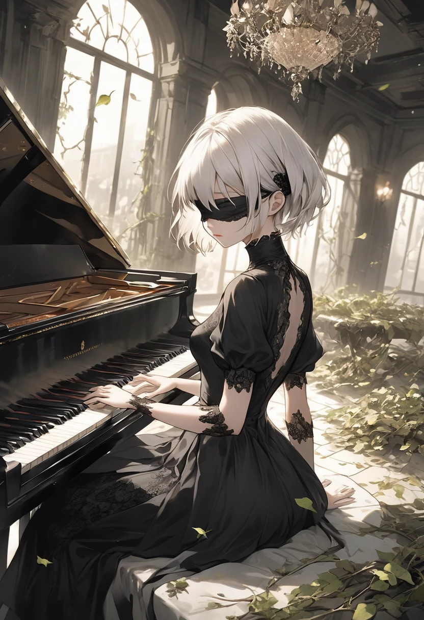 Create an image of 2B from NieR: Automata, seated gracefully at a grand piano. She is wearing her signature black dress with intricate lace detailing and thigh-high boots. Her white hair, slightly tousled, frames her face as she gazes intently at the piano keys, her blindfold pushed up to reveal her striking eyes, which convey a sense of calm and focus. The setting is a grand, dimly lit room with soft ambient light filtering through tall, arched windows, casting long shadows across the polished wooden floor. The piano is a sleek, glossy black, reflecting the room’s elegant features. 2B’s delicate fingers dance over the keys, her serene expression highlighting her high cheekbones and soft lips. The sheet music in front of her is slightly ruffled, hinting at a piece she’s deeply immersed in. Around the room, there are faint remnants of nature reclaiming the space, with small vines creeping along the window sills and a few fallen leaves scattered on the floor. In the background, a large, ornate chandelier hangs from the ceiling, adding a touch of sophistication to the scene. The color palette is a mix of soft grays, blacks, and whites, with subtle hints of green from the vines. The overall atmosphere is tranquil and introspective, capturing a moment of peace and beauty amidst the post-apocalyptic world of NieR: Automata.