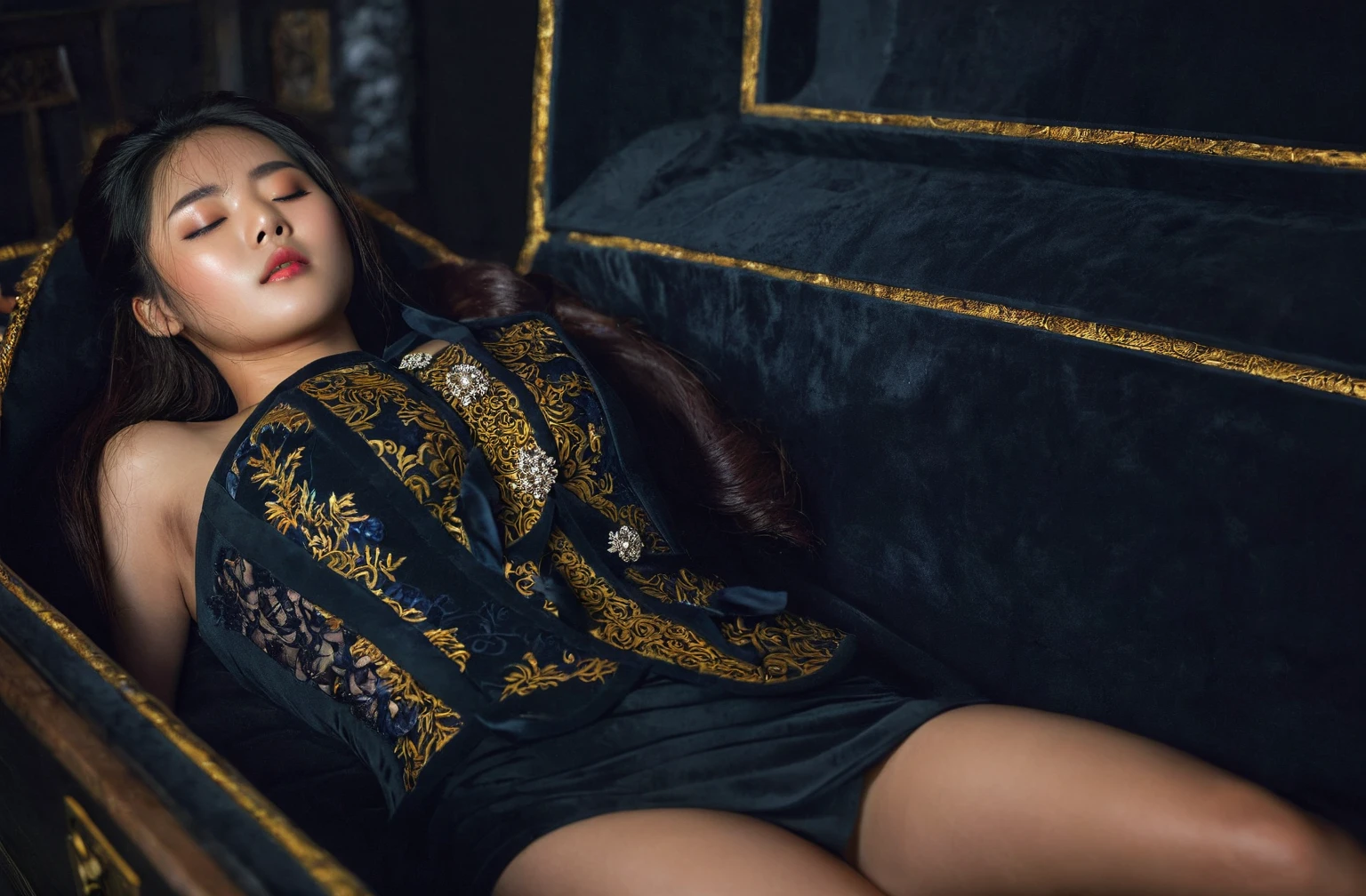 In a striking 8K HDR scene, a stunning Korean woman, 22 years old, lies peacefully in a black coffin surrounded by plush pillows. The deep box is set against a rich black background, accentuating the beauty of the subject. Her exquisite deep-V neckline kebaya attire is embroidered with superb detail, showcasing her round and firm breasts, perfect cleavage, and beautiful eyebrows. Her closed eyes and mouth give an air of serenity, while her visible and absolute cleavage leave nothing to imagination. The scene is bathed in saturated colors, highlighting every intricate aspect from the ball skirt to her clean face, straight body, detailed hand perfect hands, straight body, own hands together, own hand on stomach, detailed hands, perfect hands.