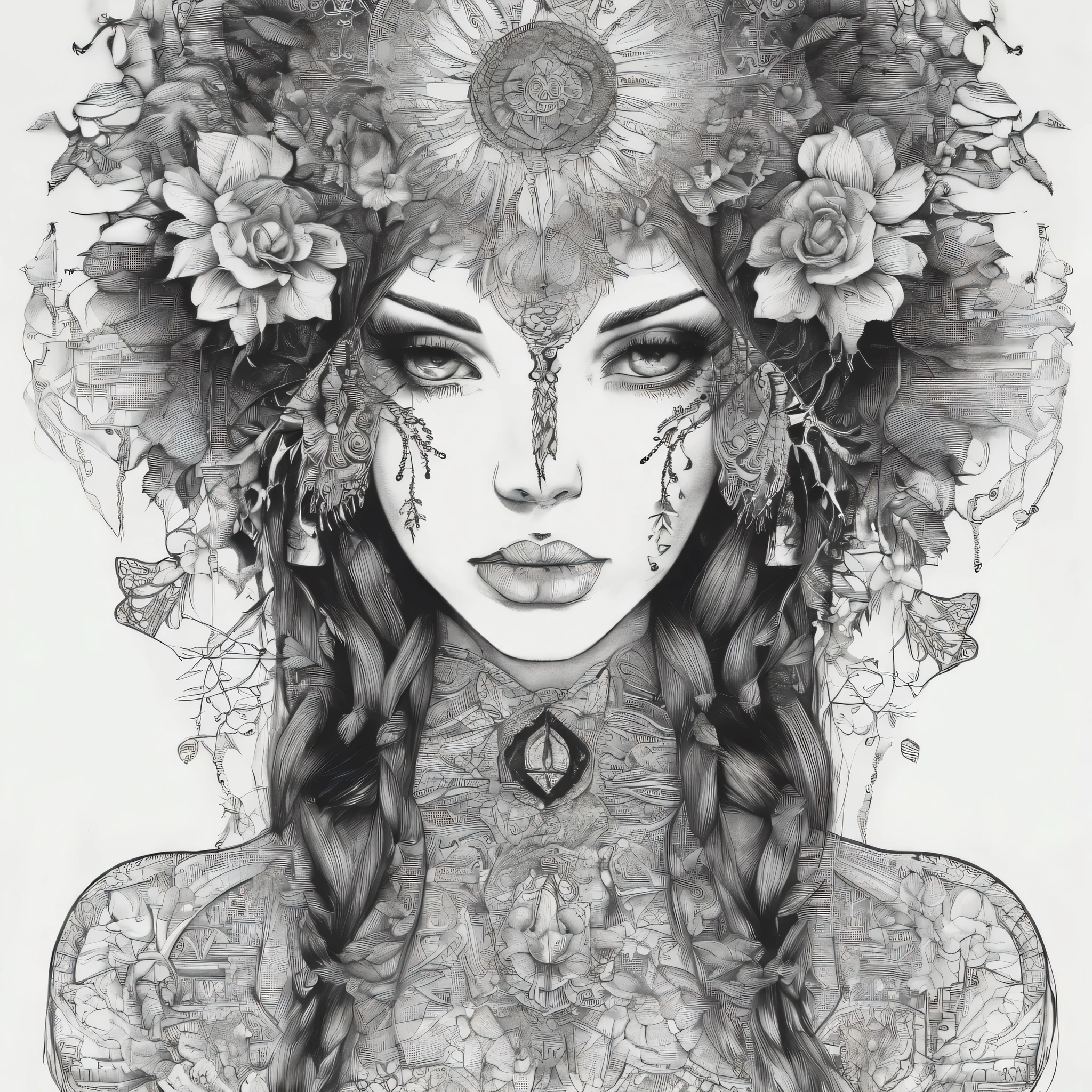 corpo inteiro, fearsome and formidable, Young Wild Gothic Girl Empowered. Anthropomorphic, Beatiful Horror - Looking Fully Tattooed Gothic Girl Holding Gothic Flower