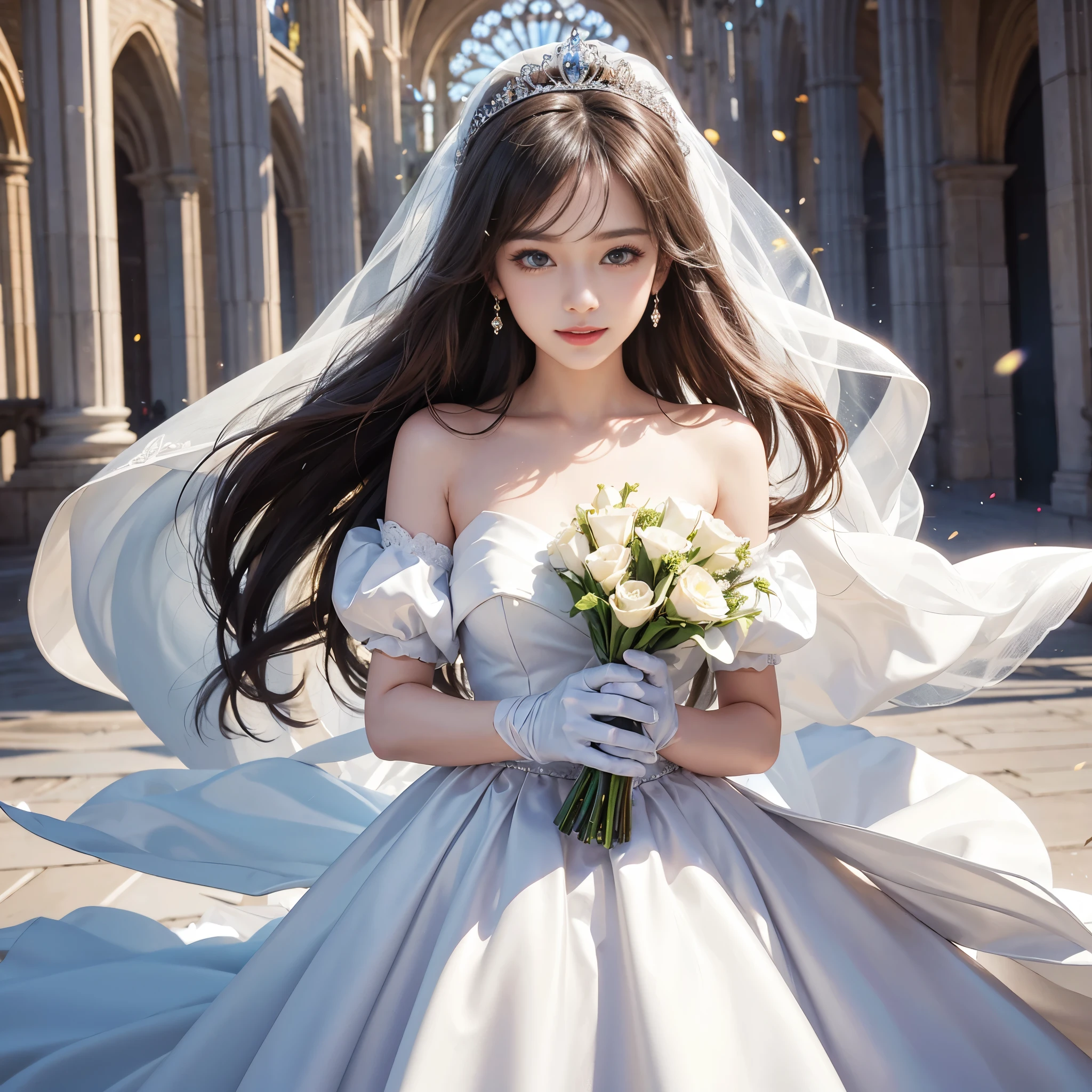 best quality, masterpiece, 1 girl, long hair, A huge laugh, cute , shiny lips, sweet, sun glare, Conservative attire, white gloves, bouquet, wedding dress, Bridal Tiara, depth of field, blurred background, Cathedral Background, light particles, strong wind, head tilt