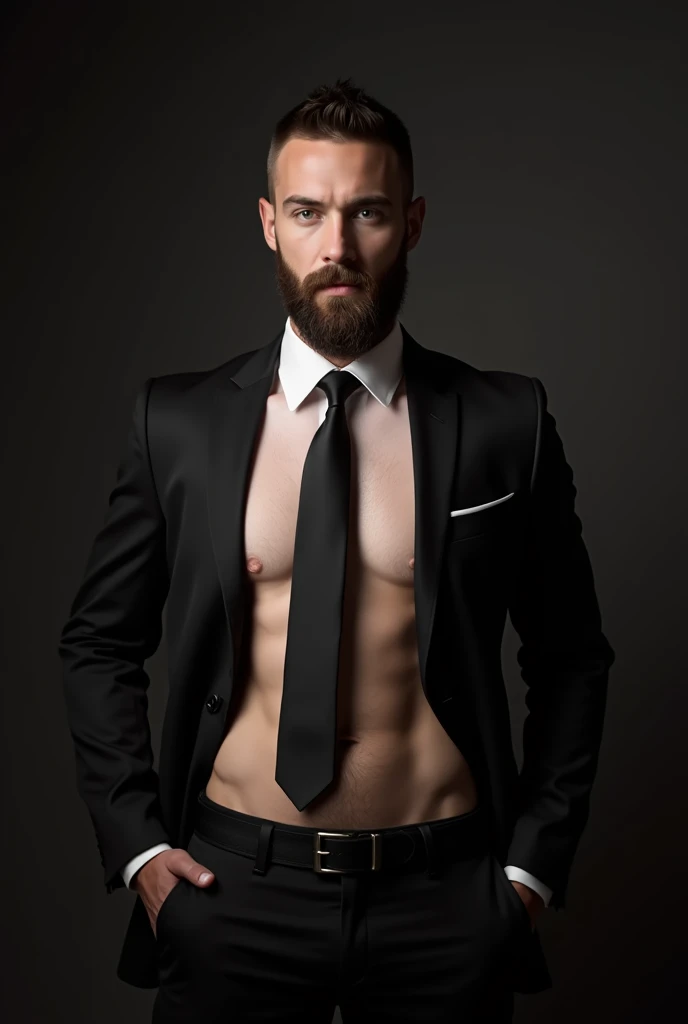 Up、Make a handsome man in his 30s toyally naked showing his penis, vd, brown hair and beard, (Man in black suit and tie), ), (Use a beard,) Attractive and serious look, short dark hair, Stylish and elegant, Suit-fit shave and strong body, (hightquality, Realistic images), Dark black and light on image background, Film Style, ((top-quality, 8K, masterpiece), ultra hi definition photo, (beautiful faces detailed, detail skin texture, hyperdetailed body:1.1)