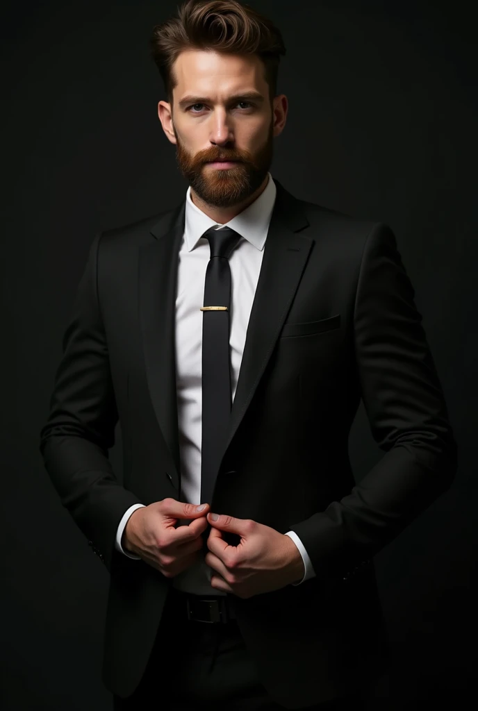 Up、Make a handsome man in his 30s toyally naked showing his penis, vd, brown hair and beard, (Man in black suit and tie), ), (Use a beard,) Attractive and serious look, short dark hair, Stylish and elegant, Suit-fit shave and strong body, (hightquality, Realistic images), Dark black and light on image background, Film Style, ((top-quality, 8K, masterpiece), ultra hi definition photo, (beautiful faces detailed, detail skin texture, hyperdetailed body:1.1)