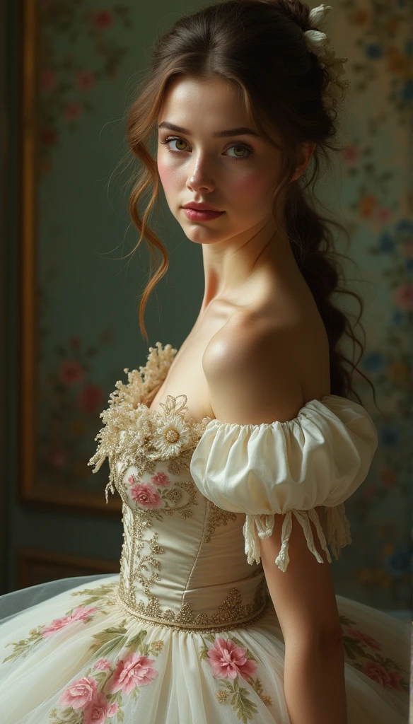 (highres,masterpiece:1.2),(realistic:1.37)"(best quality, highres, ultra-detailed, realistic),beautiful 19th-century portrait of a -yeld Frh ballet dancer, (She is german and is a stunning beauty with dark green eyes and a high nose:1.1), extremely beautiful!!!!!!!! face!!!!!, elaborate gown, detailed facial features, long graceful neck, flowing locks of hair, poised and elegant posture, soft and delicate lighting, classic oil painting medium, vibrant colors, subtle background with floral motifs", dreamy atmosphere, Surrealism, mystical aura, contrapposto!!!!!!!