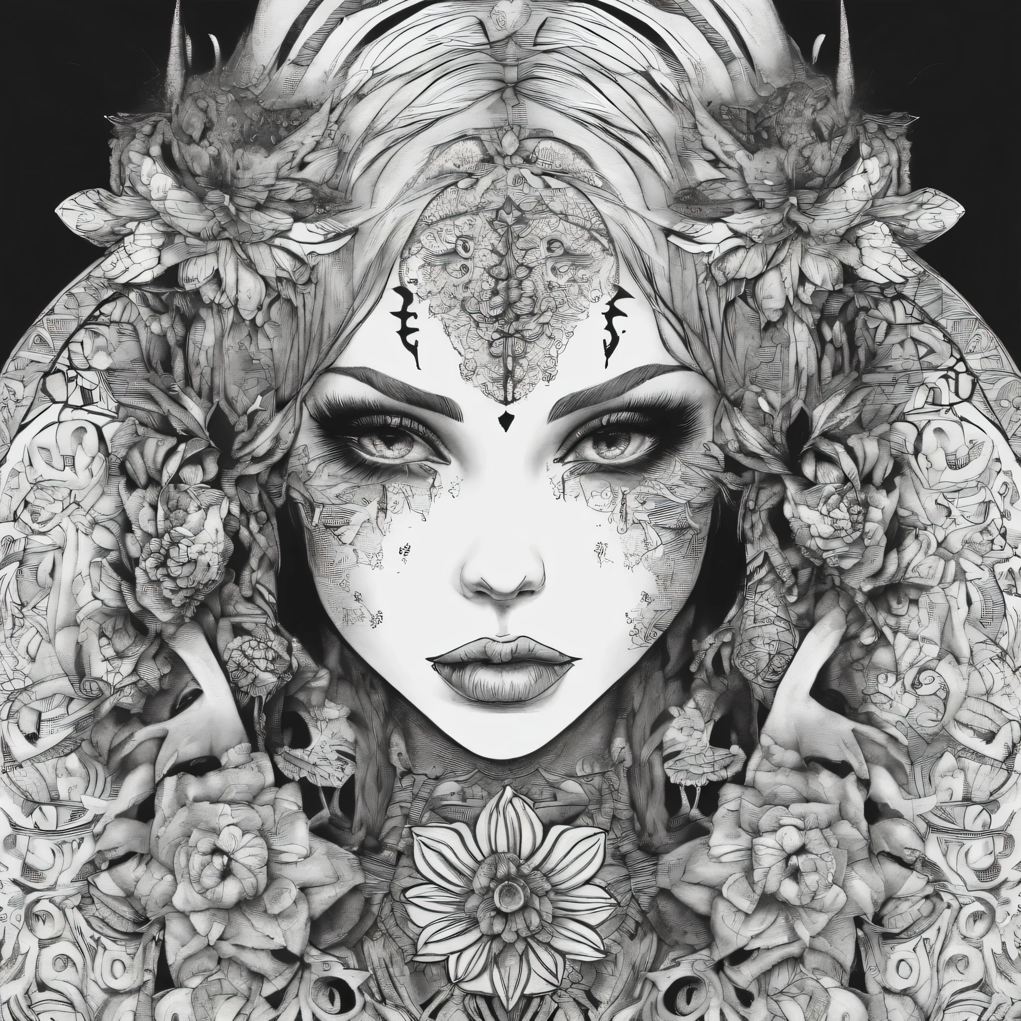 corpo inteiro, fearsome and formidable, Young Wild Gothic Girl Empowered. Anthropomorphic, Beatiful Horror - Looking Fully Tattooed Gothic Girl Holding Gothic Flower