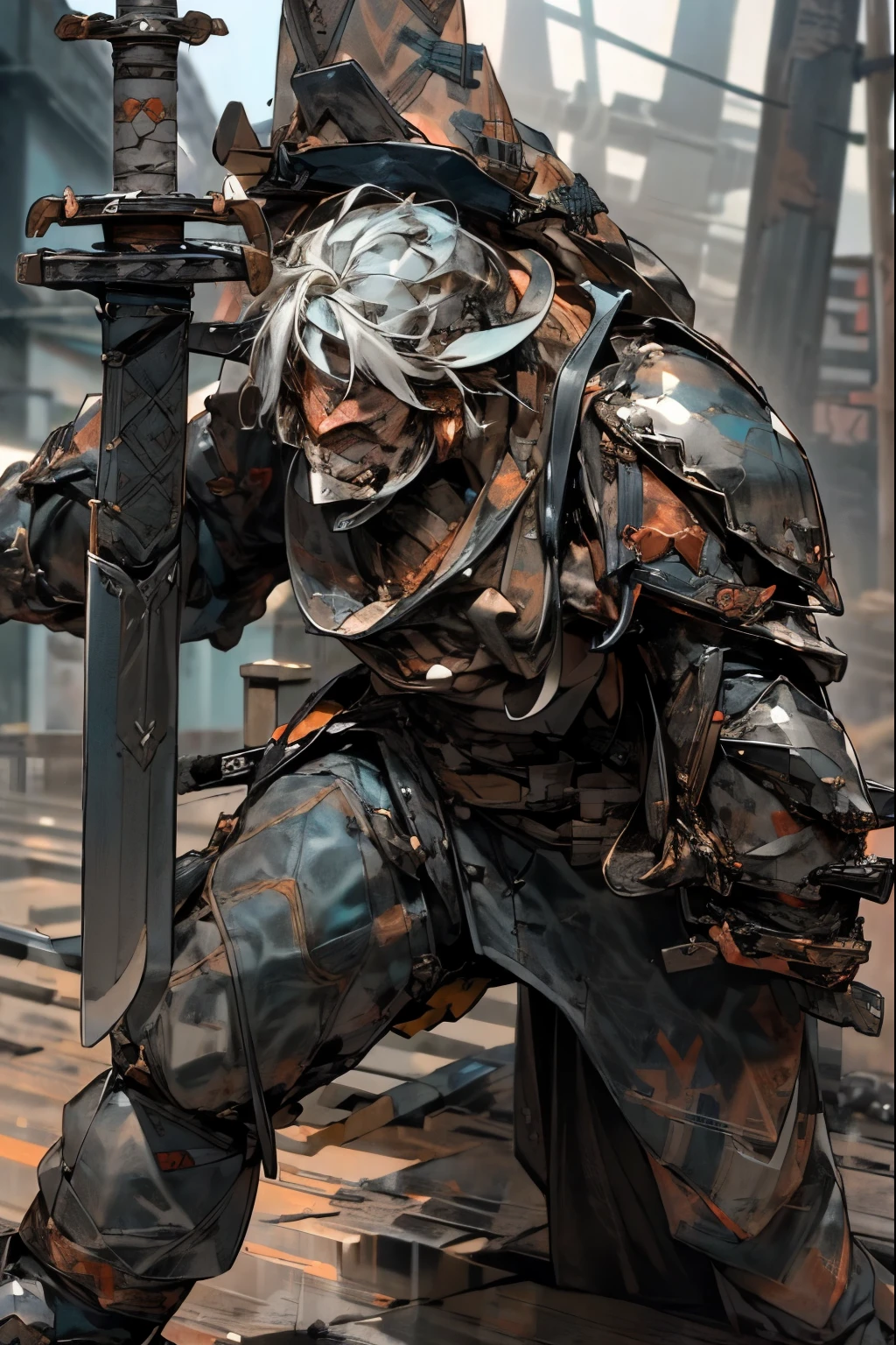 A helmet with a cow skull design,(Rugged Armor:2.0),Muscular々,One Man,Warrior,Combat Ready,Hoof Boots,A sword larger than one&#39;s height,Barbarian,lower one&#39;s stance,益shortage男,Holding the weapon with both hands,Berserker,shortage々Shii,Tough