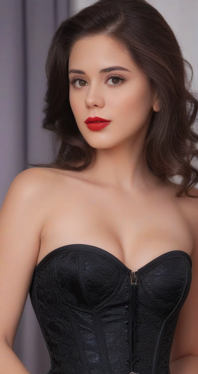 (best quality,4k,8k,highres,masterpiece:1.2),ultra-detailed,(realistic,photorealistic,photo-realistic:1.37),beautiful eyes,beautiful lips,detailed face,red lipstick,gorgeous woman, sexy black dress, sexy elegant fashion model, sexy elegant look,long eyelashes,confident expression,flawless skin,posing gracefully sexy,head to stomach shot, black mesh strapless corset, sexy naked medium Breasts,flowing fabric,soft and silky material,graceful movement,vibrant colors,artistic lighting,studio photo shoot, dreamy atmosphere