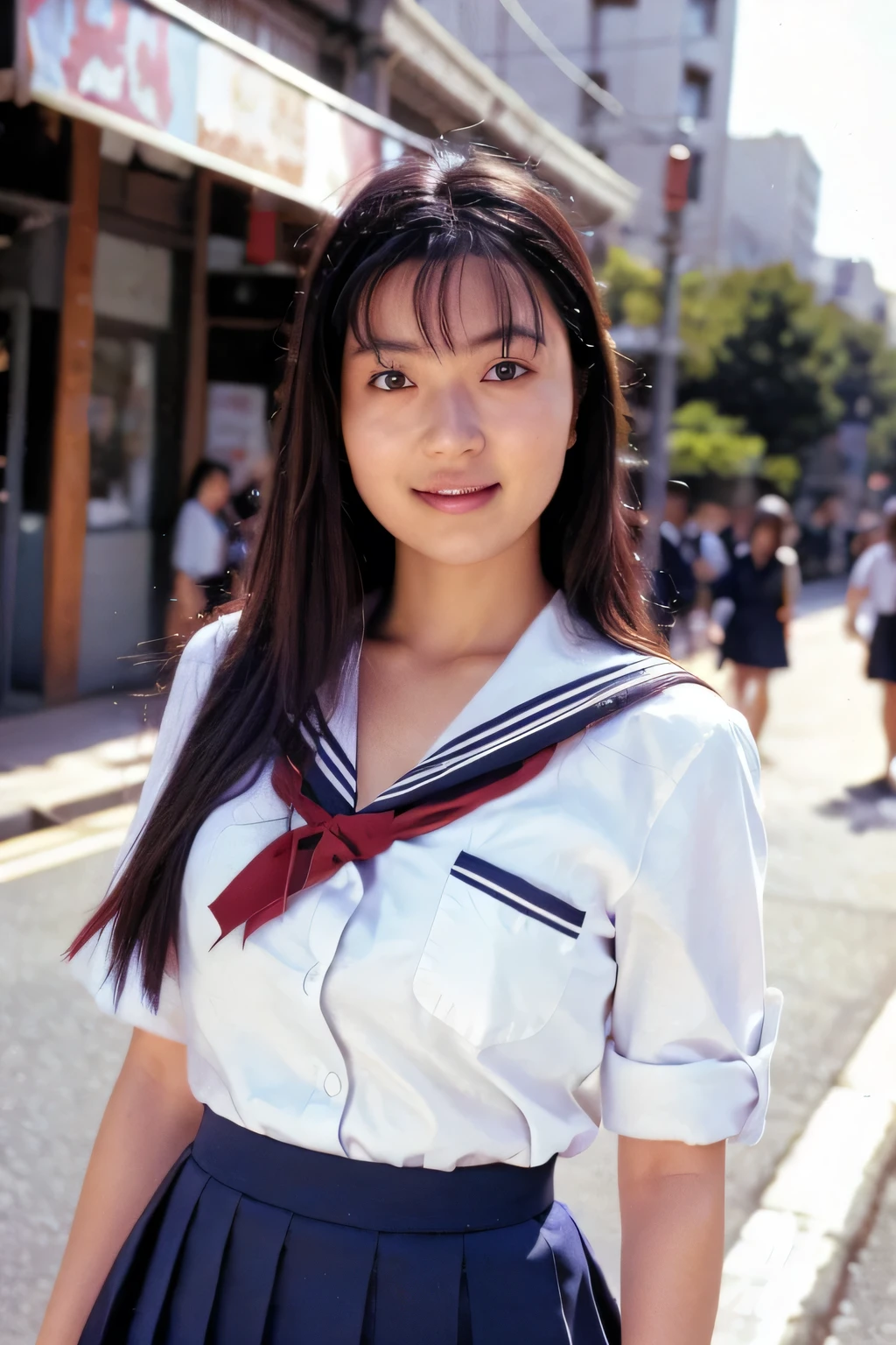 ((highest quality、8K resolution、master masterpiece、portrait:1.3)), Photoreal, 35mm film, 1 Japanese female, Upper body_cowboy shot、on the street during the day,tassel 、long hair,wrinkles around the eyes、smile,((school uniform:1.3)) , (outdoor:city street 1.3), jumbled background,look at the audience,Tokyo cityscape:1.3,