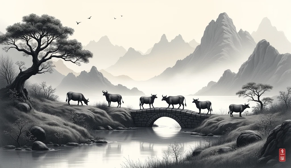 Chinese landscape painting,Ink画,Ink,Inky black,Soil,Vision,Ultra-wide viewing angle,meticulous,Schematic diagram of 5 cows,Five scalpers,riverside,Small Stone Bridge,grassland,The tree,The scenery is mountains,(8k wallpaper),(Light and shadow effects),Octane Rendering,White balance design,高度detailed的图像描绘,Wide Angle,Depth of Field,masterpiece,Realistically,Beautifully depicted,detailed,Acura,masterpiece,masterpiece