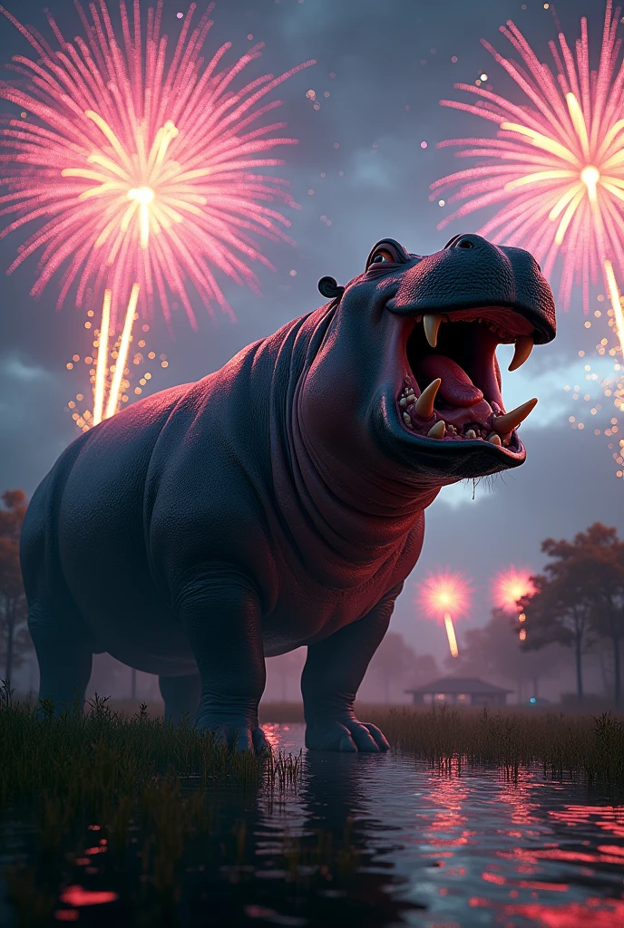 giant hippo watching fireworks