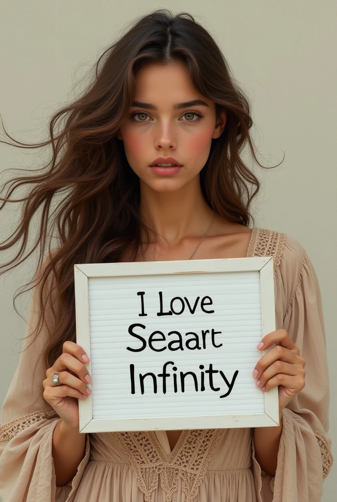 Beautiful girl with wavy long hair, bohemian dress, holding a white board with text "I Love Seaart Infinity" and showing it to the viewer