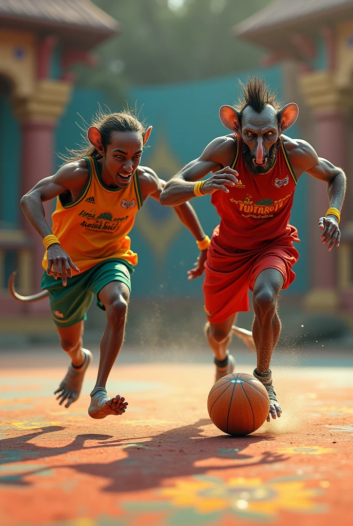 doubles playing the Indian sport. one of the athletes has feet similar to rat feet. the other athlete looks like the character gargamel