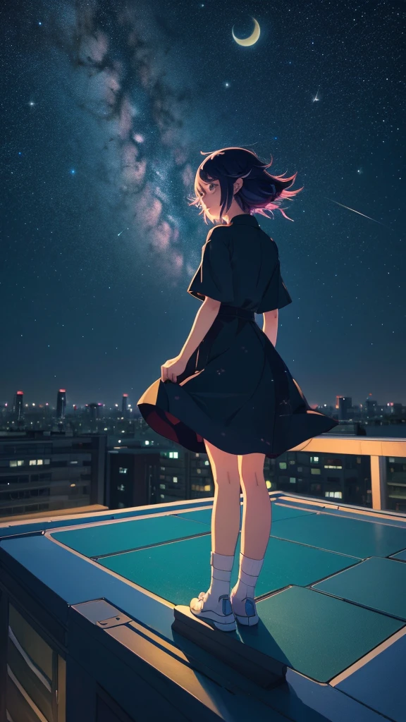 Anime girl standing on a rooftop looking at the stars and the night sky, Anime Wallpaper 4k, Anime Wallpaper 4 k, 4k Anime Wallpaper, Anime Art Wallpapers 8K, anime art wallpaper 4k, anime art wallpaper 4k, Anime Style 4k, Makoto Shinkai Cyril Rolando, 4K Manga Wallpapers, Anime Wallpaper, Awesome Wallpapers, shooting star