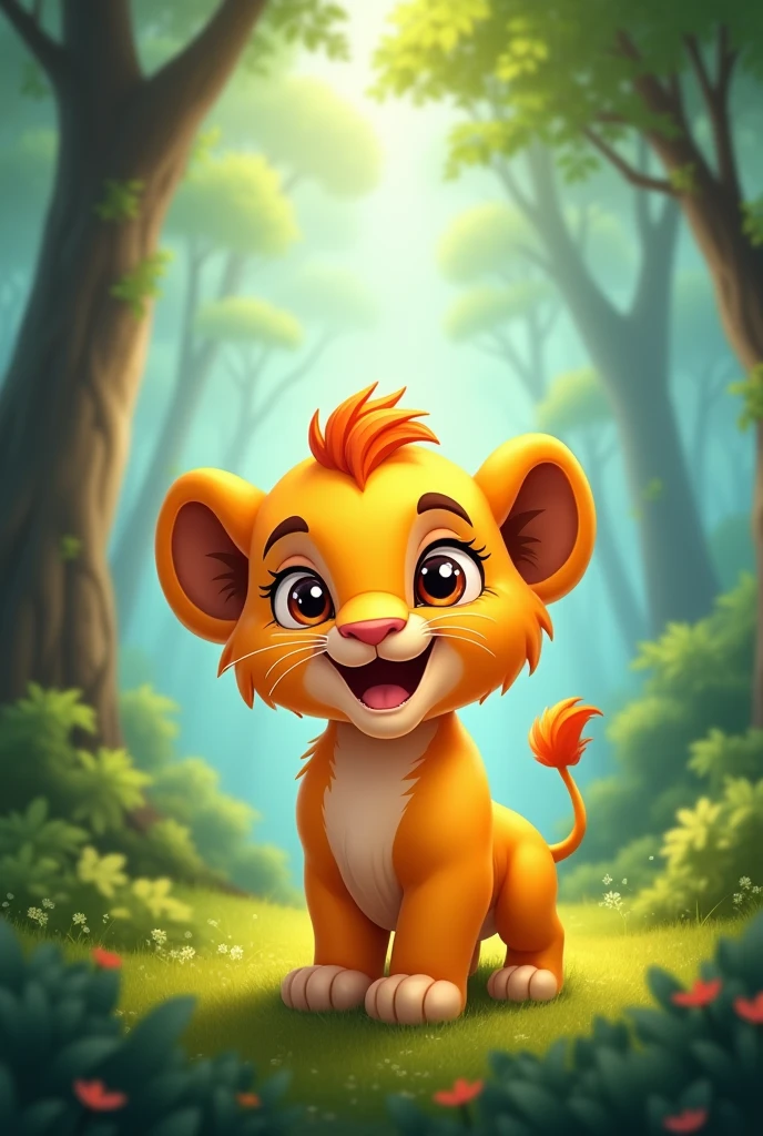 Lion cub in the forest alone happy in cartoon style