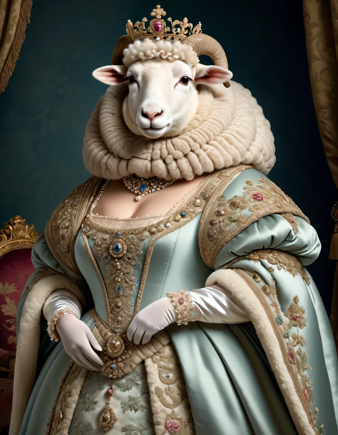 photorealistic portrait of Dressed animals - a ((fat)) (sheep) Queen, (furry),( hands in front of body:1.5) Wearing luxury sack-back gown,(wearing luxury tiara),(happy atmosphere:1.5), Old-fashioned luxury royal clothes, detailed and opulent description of a queen's aristocratic sack-back gown in Rococo style , emphasizing luxurious fabrics, intricate embroidery and ornate accessories, simple background,(upper body image:1.2),(looking at viewer:2.0),(viewed from side:1.5),score_9, score_8_up, score_7_up, score_6_up, score_5_up, score_4_up,
